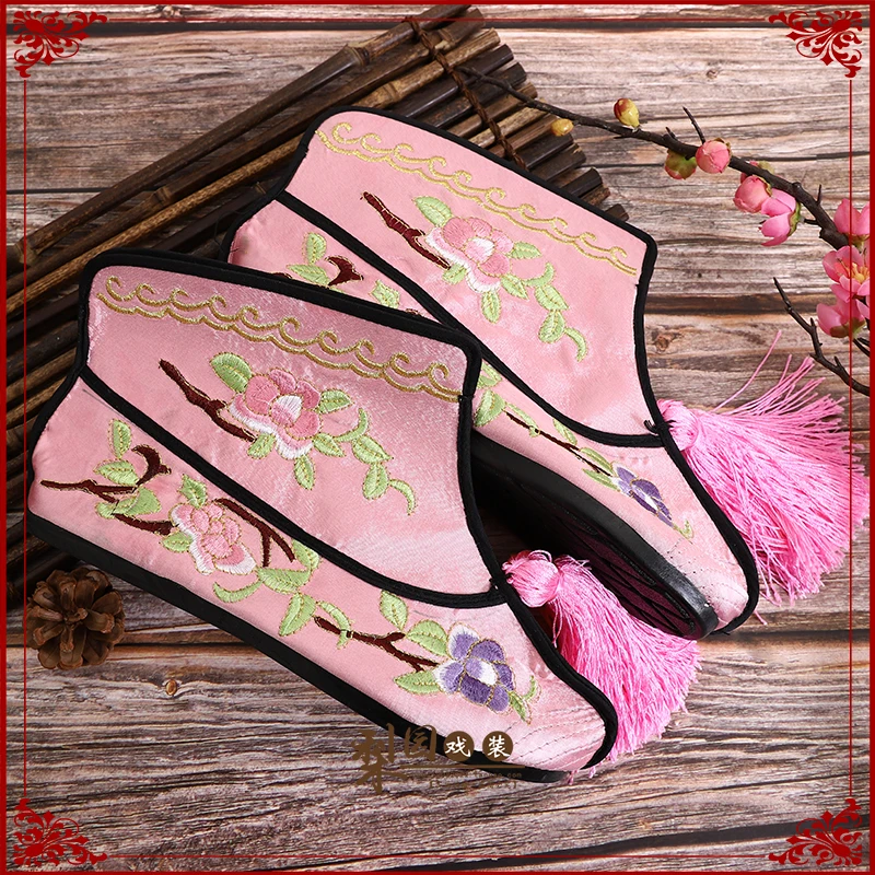 Beijing Yue opera women's flat bottomed embroidered color fast Wudan war Short boots Lady Chinese Drama opera antique shoes