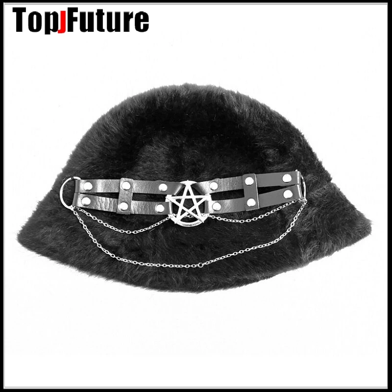 Harajuku Gothic Punk Pentagram โลหะโซ่ Plush สีดำ Fisherman หมวกผู้หญิงฤดูหนาว Warm หมวก Hip Hop Chic Streetwear