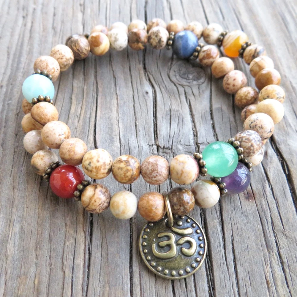 

Wholesale 6 mm Gemstone 54 Mala Beads Bracelet New Design Women`s 7 Chakra Bracelet Handmade Picture Jasper Bracelet for Women