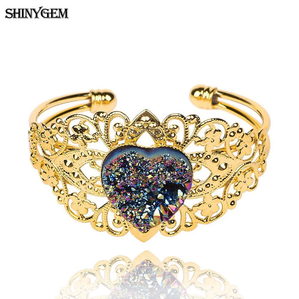 

ShinyGem Classical Crystal Druzy Heart Crown Bracelets Bangles Luxury Exaggerated Gold Plating Bangle For Women Holiday Party