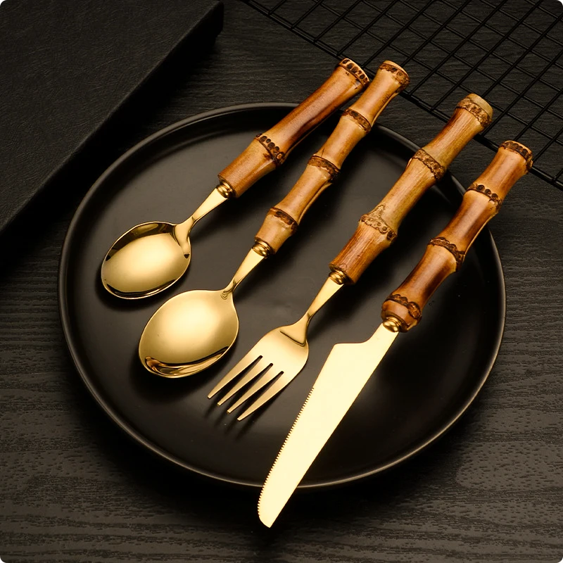 Cutlery Set With Bamboo Handle, With Steak Knives Tableware,Gold Stainless Steel Flatware Cutlery, Includes Forks Spoons Knives