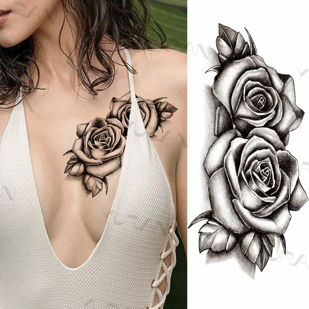 Tatuajes temporales de flores negras para mujeres y hombres, calcomanías sexys de mariposa, muslo, Luna falsa, rosa, brújula, tatuajes falsos,