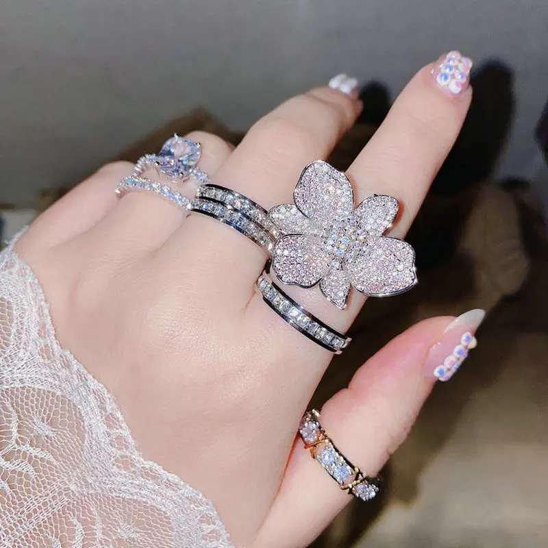 2020 New Bling Zircon Stone Flower Rings for Women Fashion Wedding Engagement Jewelry S925 Sterling Silver Color