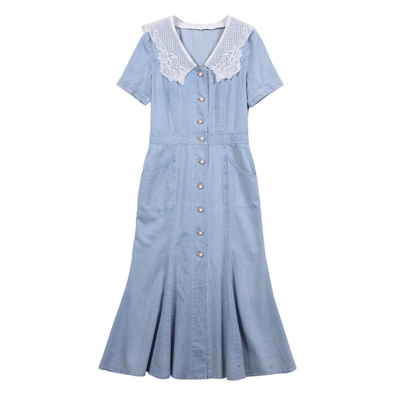 Sommer frauen Kleid 2021 Yuzi. kann Boho Neue Denim Frau Kleider Spitze Peter Pan Kragen Vintage Meerjungfrau Vestidos A82309 Vestido