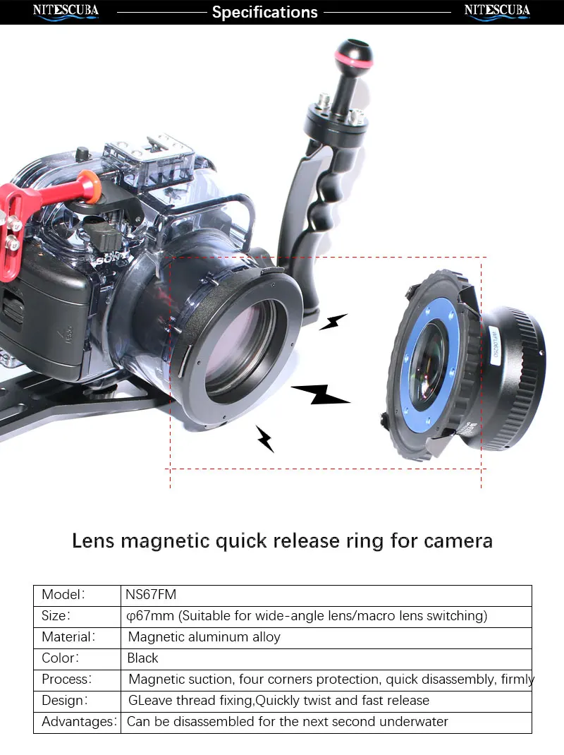 Nitescuba-Port de vis d'objectif magnétique, adaptateur de montage, verrouillage Partenaires, objectif grand angle Fisheye, support de filtre, anneau de dégagement rapide de plongée, 67mm