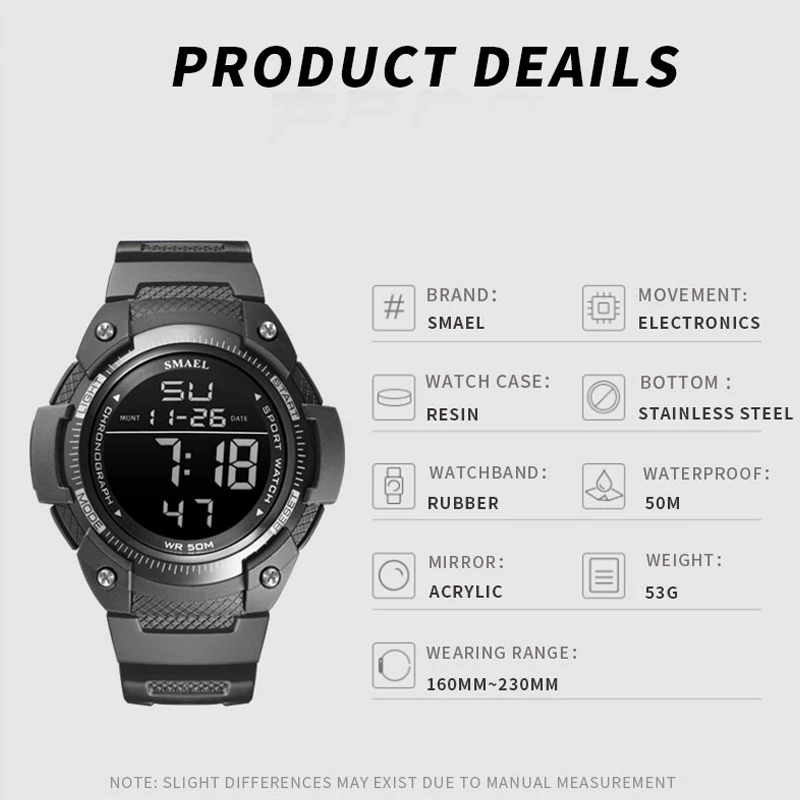 Men Watches Digital SMAEL Watch Waterproof LED Clock Alarm reloj hombre Stopwatch Black Wristwatch 1335 Sport Watches Digital