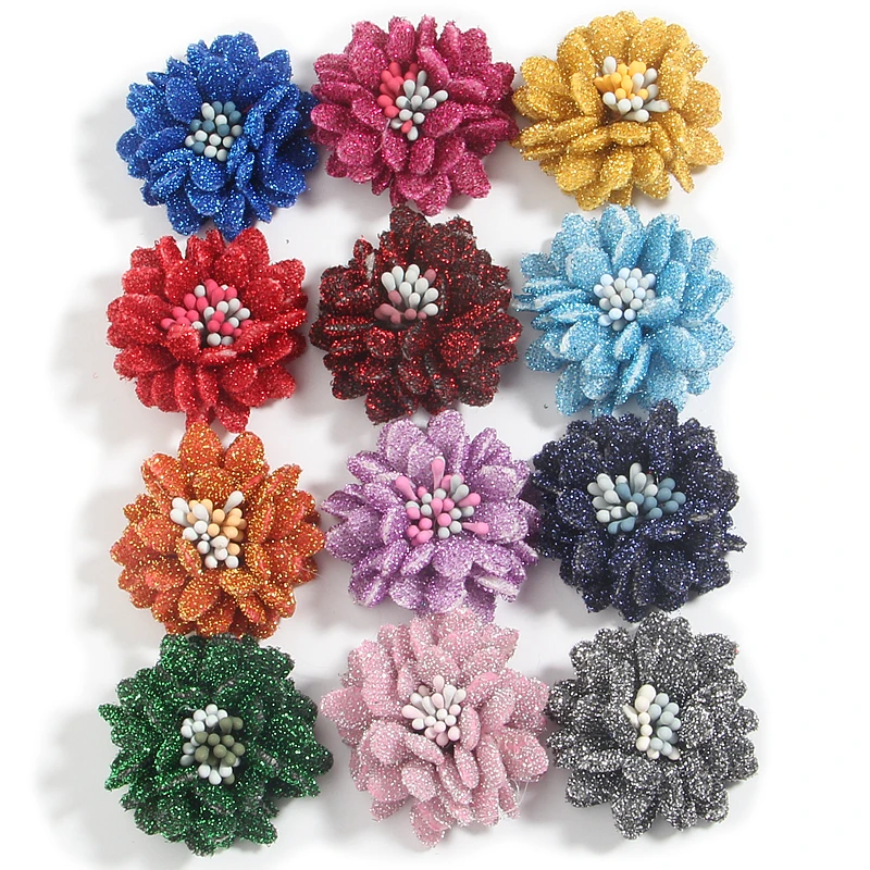 

60Pcs 1.4" Hair Flower Glitter Hair Accessories for Baby Girls Headbands Fabric Flowers Boutique For DIY Supplies