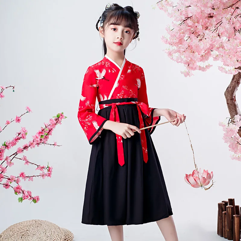 Asian Style Chinese Traditional Dance Clothes Hanfu Dress for Girl Kids Japanese Kimono Yukata Embroidery Animal Print Costumes