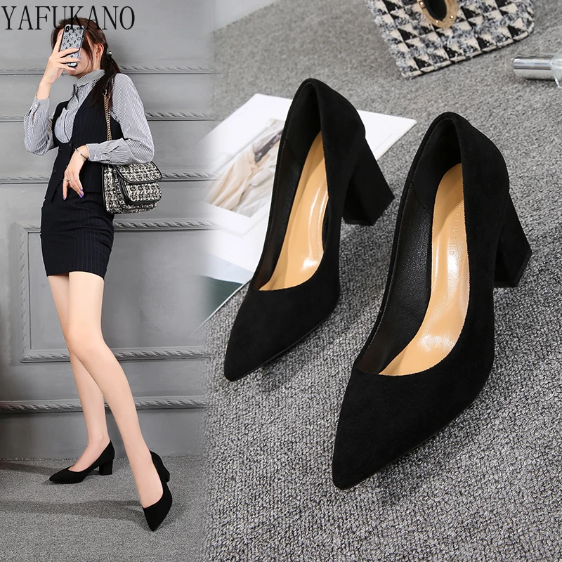 Fashion Net Red Thick-Heeled High-Heeled Shoes Temperament Suede Work Shoes Black Casual Single Shoes Womens Pumps Small Size 33