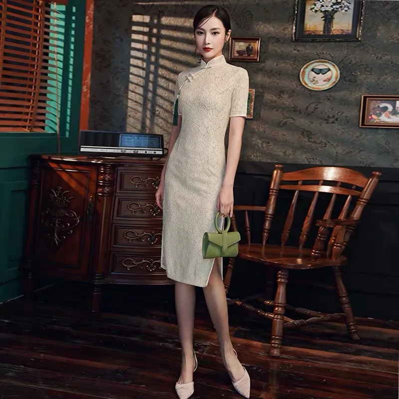 

2020 Ins Popular Summer Modified Lace Cheongsam New Dress Young Girl Retro Sexy Slim Short Daily National Chinese Style