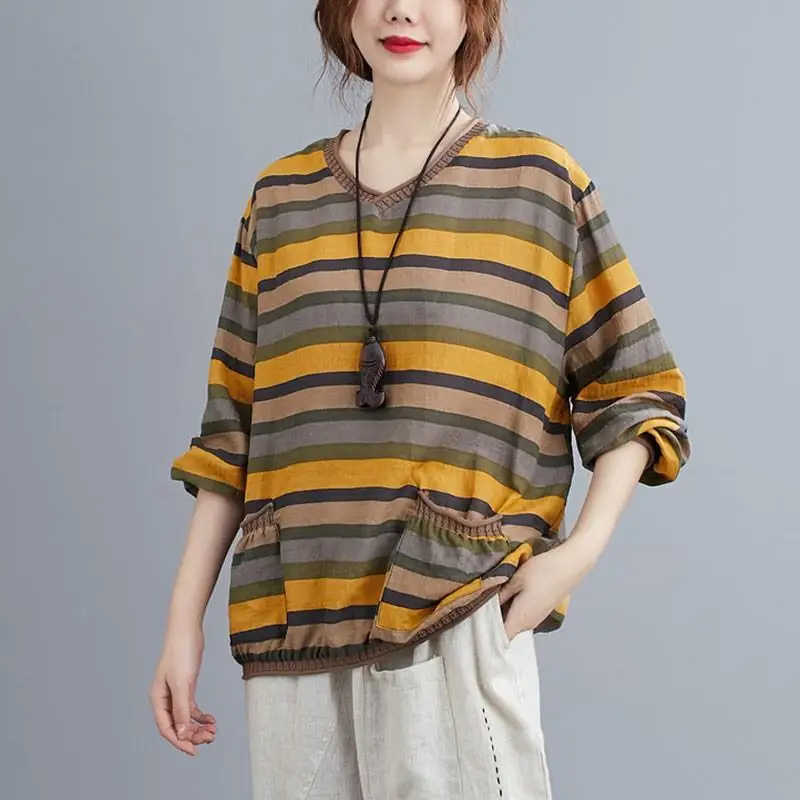 Oversized Striped Cotton Linen T Shirt Women Long Sleeve T-shirts New 2023 Autumn Tshirt Vintage Femme Loose Casual Tops Tees