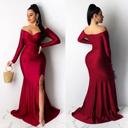 Fall Winter Women Off Shoulder Plunging V-neck High Side Split Mermaid Maxi Red Dress Sexy Night Party Club Long Dresses