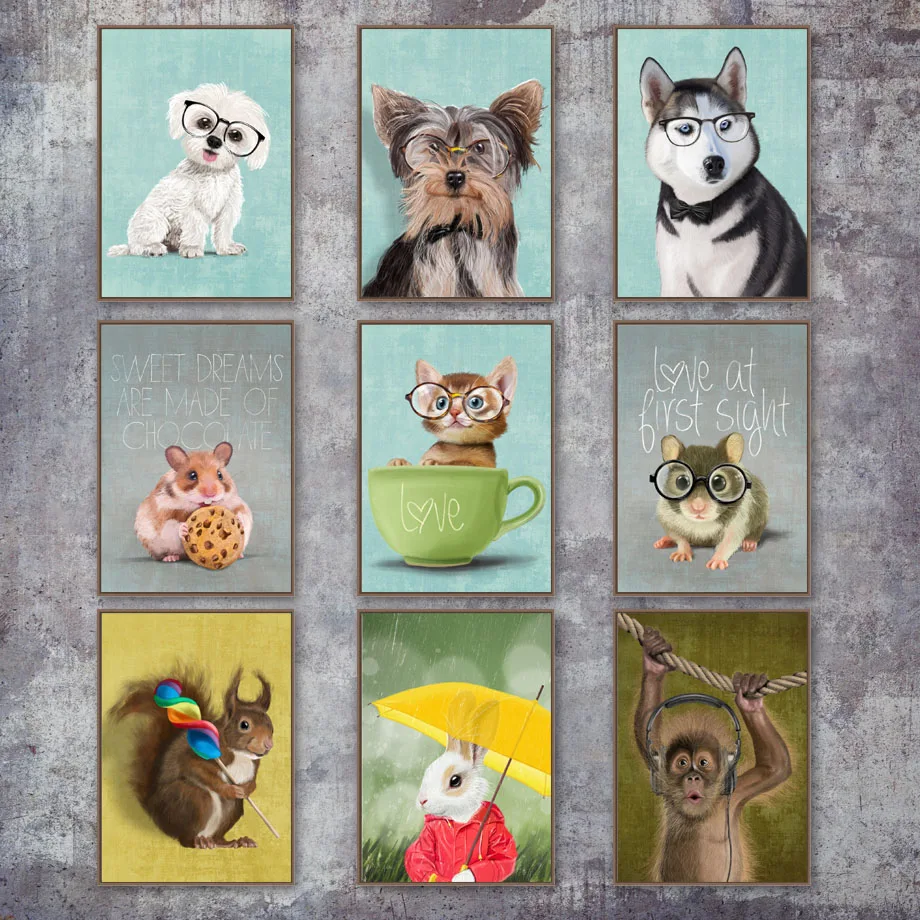 Katze Hund Kaninchen Schwein Affe Maus Wand Kunst Leinwand Malerei Nordic Poster Und Druck Tier Wand Bilder Kinder Baby Zimmer w