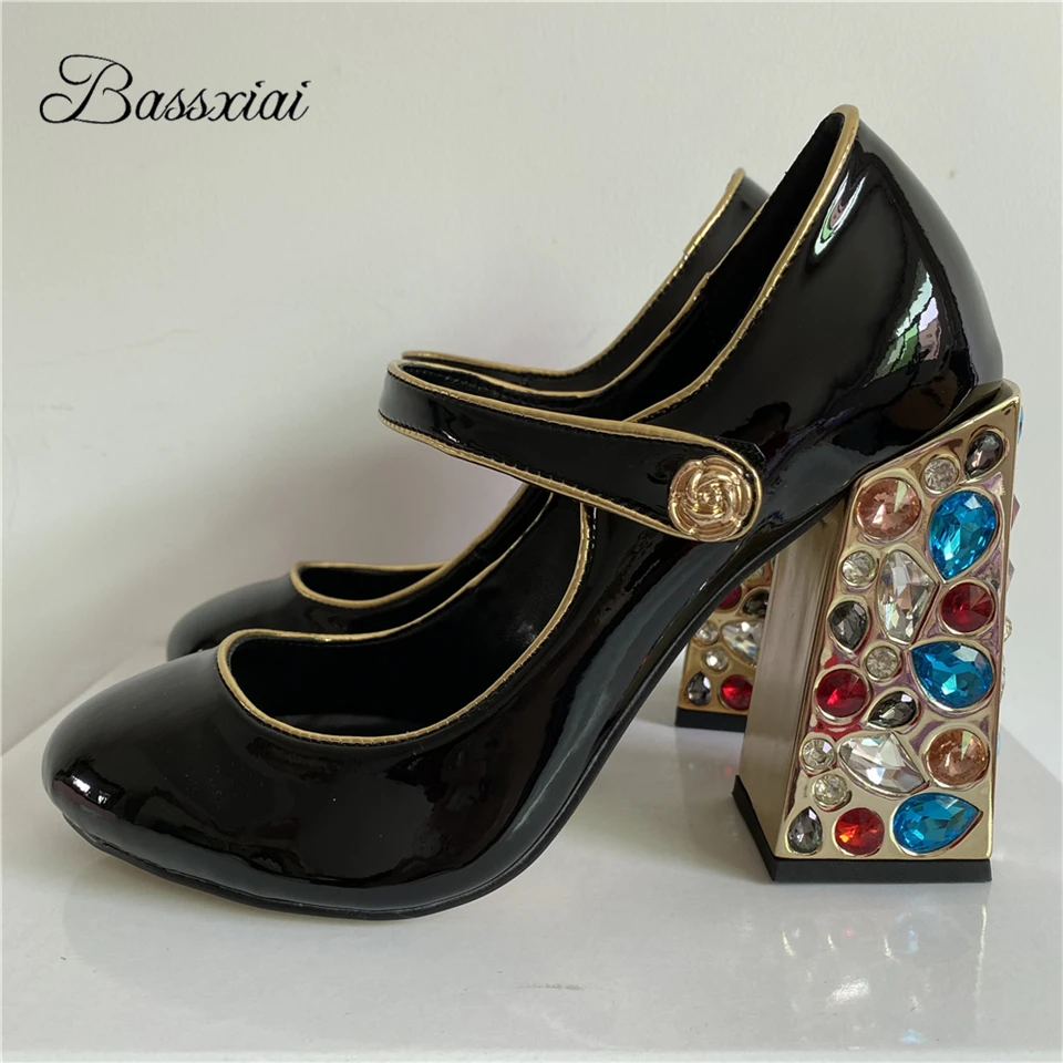 Unique Colorful Rhinestone Chunky Heel Pumps Women Luxury Patent Leather Jeweled Crystal High Heels Slim Party Shoes