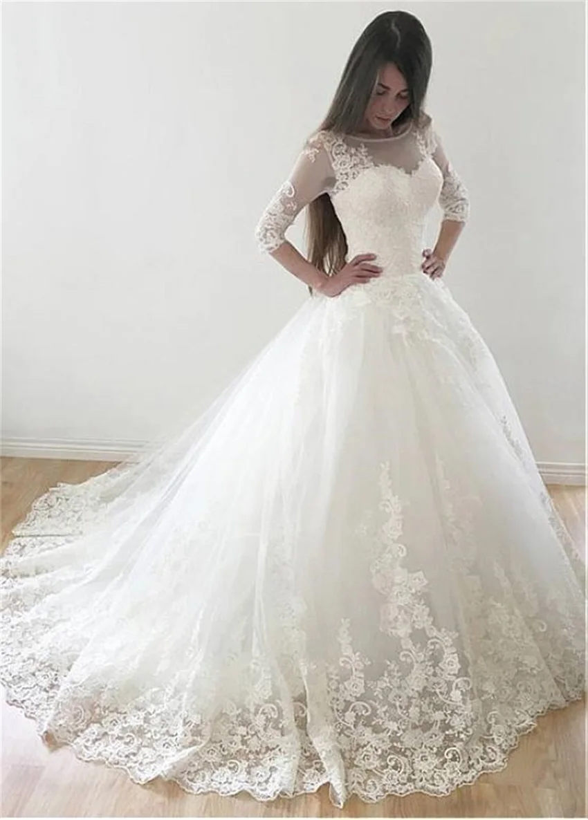 MYYBLE Gaun Pesta Tulle 2021 Gaun Pernikahan Applique Renda Antik Ritsleting Setengah Lengan/Renda Belakang Dua Gaun Pengantin Punggung Korset