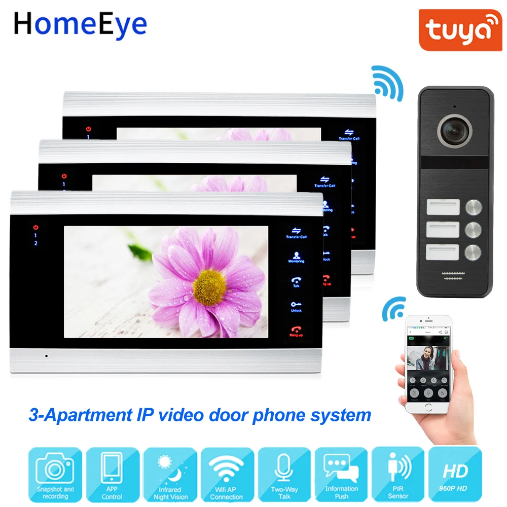 Tuya Smart App Supported IP Video Door Phone WiFi Video Intercom 3-Apartments 960P HD Security Access Control System Waterproof