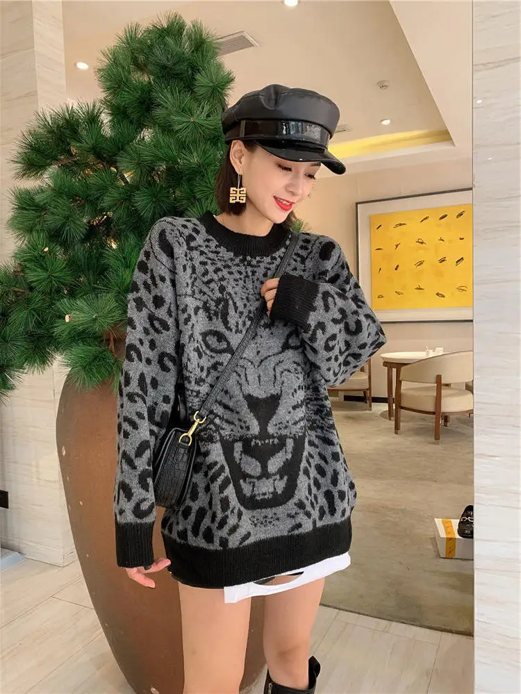 Round Neck Leopard Print Loose Sweater Women Long-sleeved Stretch Knitted Bottoming Sweater Pullover Female Spring Autumn 2023