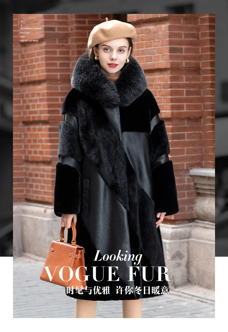 Real Fur Coat  Fox Fur Hooded Mink Fur Coat Sheep Fur Integrated Women\'s Coat FS21117