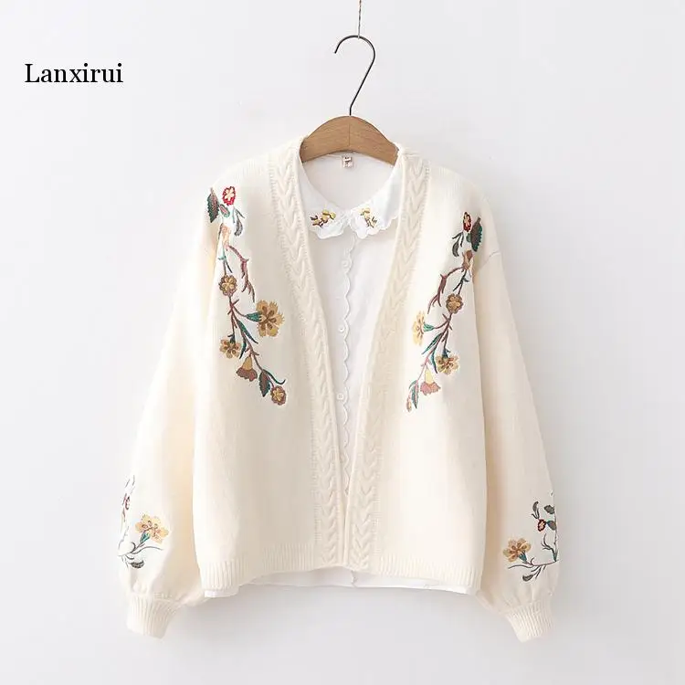 Wintrer Chic Flowers Embroidery Lantern Sleeve Cardigan Sweater Female