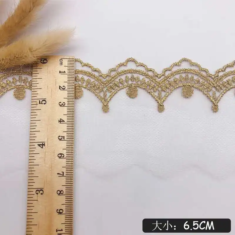 5Yards 6.5cm Soft Ivory Mesh Gold Thread Polyester Fabric Venise Lace Trim Embroidery Sewing Crafts Doll Material Lace Edge