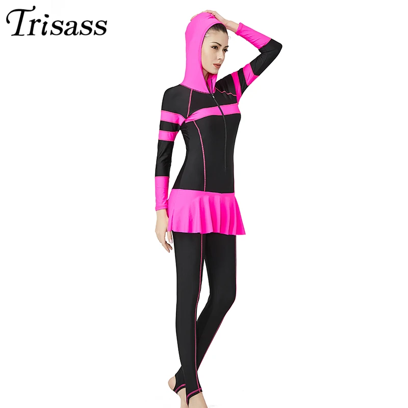 Trisass 2020 New Women Skirt One Piece Swimsuit Plus Size L-6XL Sport Long Sleeve Bodysuit Long Pants Surf suit With Zipper Cap