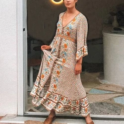 TEELYNN MAXI boho floral print dress 2025 vintage rayon V-neck flare long sleeve women dresses beach bohemia loose dresses robe