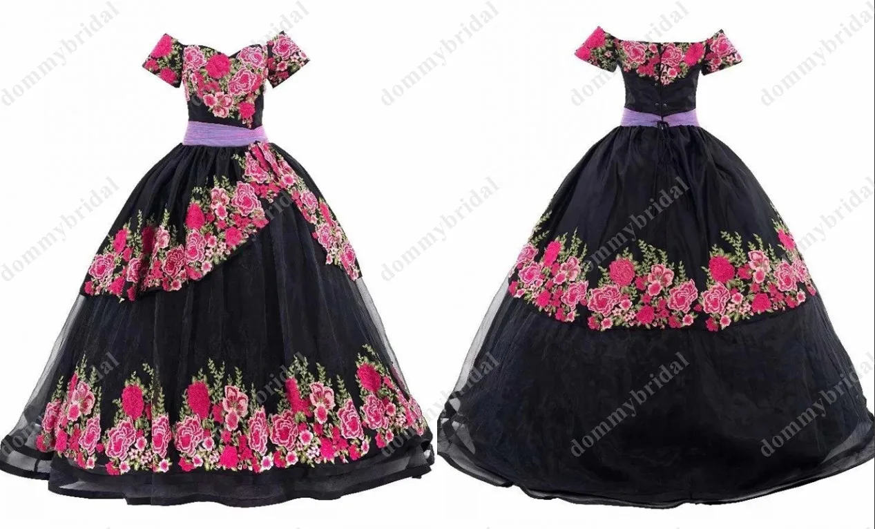 Mode Schwarz Floral Blumen Stickerei Ballkleid Quinceanera Prom Formale Kleider Mit Ärmeln Vestidos De Fiesta Mexikanischen