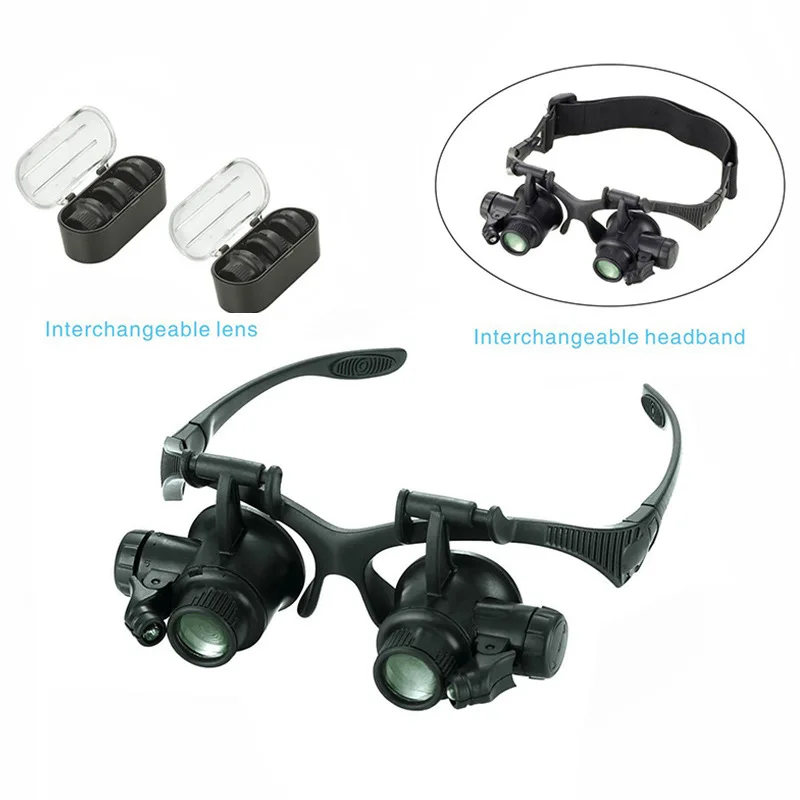 Black Watch Magnifier High Zoom Headband Eyewear Magnifying Glasses 2 LED Illuminated Magnifier Watch Repair Glasses