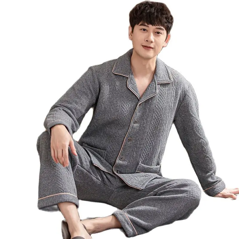

New Winter Thick Warm Men Air Cotton Pajamas Suit Long Sleeve Turn-down Collar Cardigan Loose M-4XL Male ale Nightwear