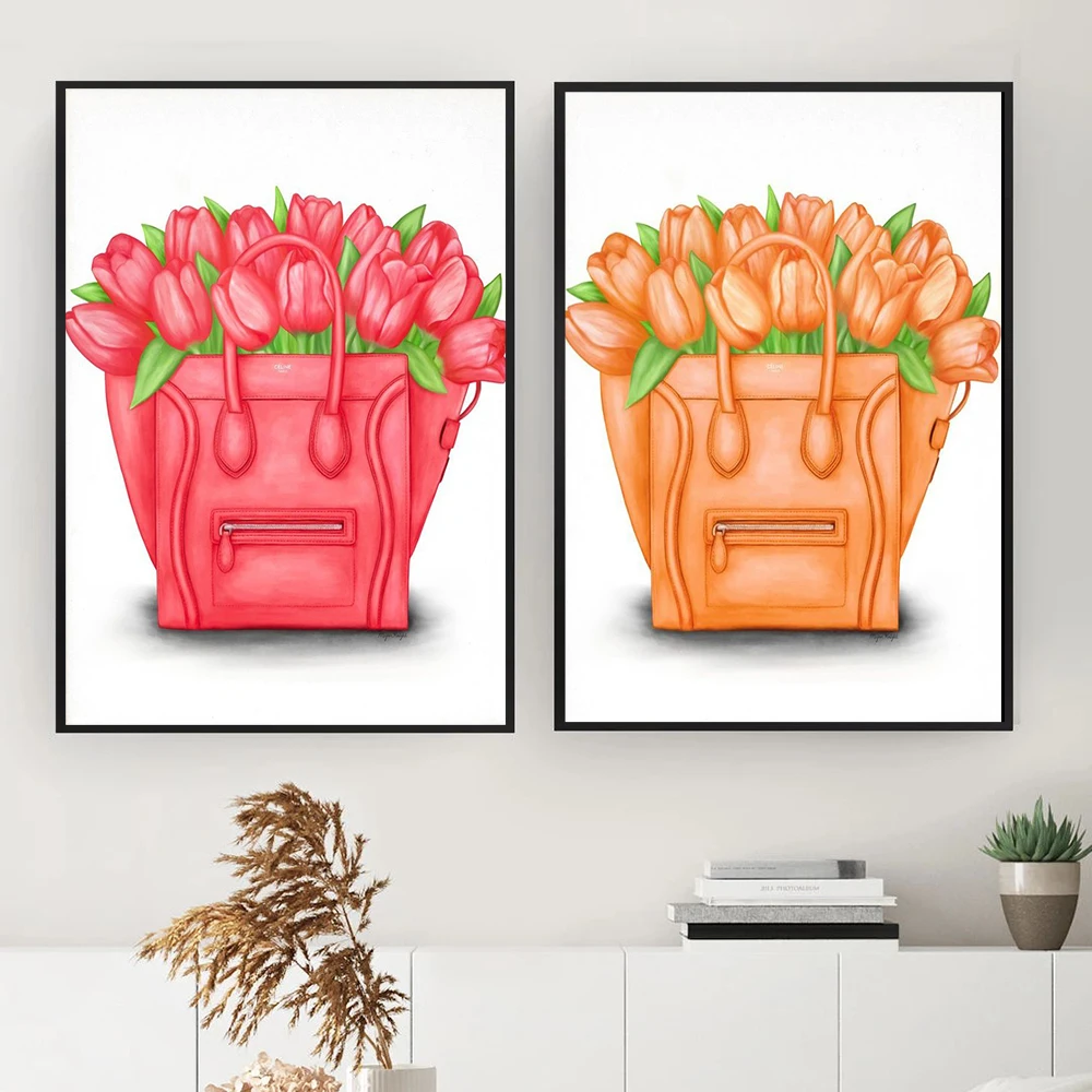 قماش المشارك الوردي الأصفر زهرة توليب حمل حقيبة الشمال مطبوعة طلاء جدران موضة أنثى جدار الفن جدارية لمتجر ديكور المنزل