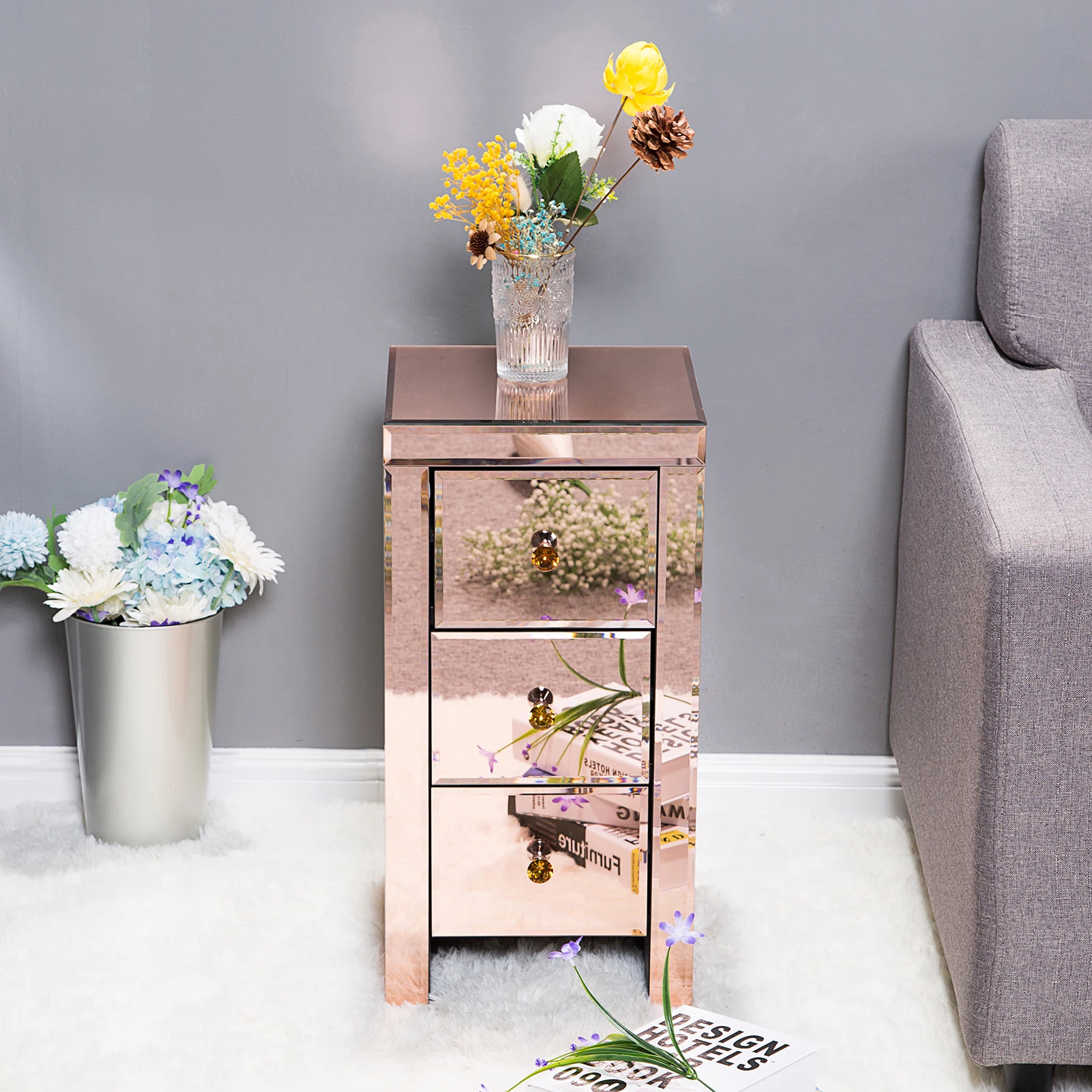 (30 x 30 x 60)cm Mirrored Glass Bedside Table with Three Drawers Rose Nithtstand  In Stock US Warehouse