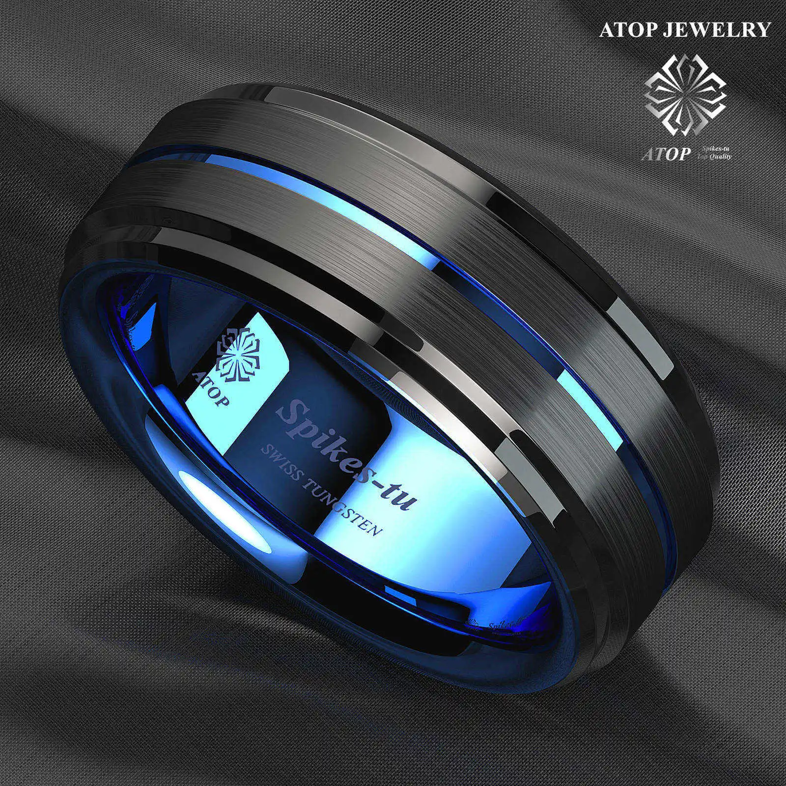 

8MM Black Brushed Ladder Edge Tungsten Ring BLue Stripe ATOP Mens Wedding Band Customized Jewelry