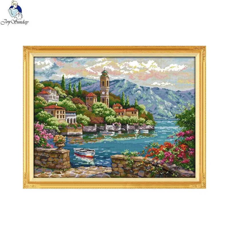 Seaside Clock Tower Scenery Cross Stitch Set DIY Handmade Needlework 14CT 11CT Count Printed Canvas Fabric Embroidery Sewing Kit