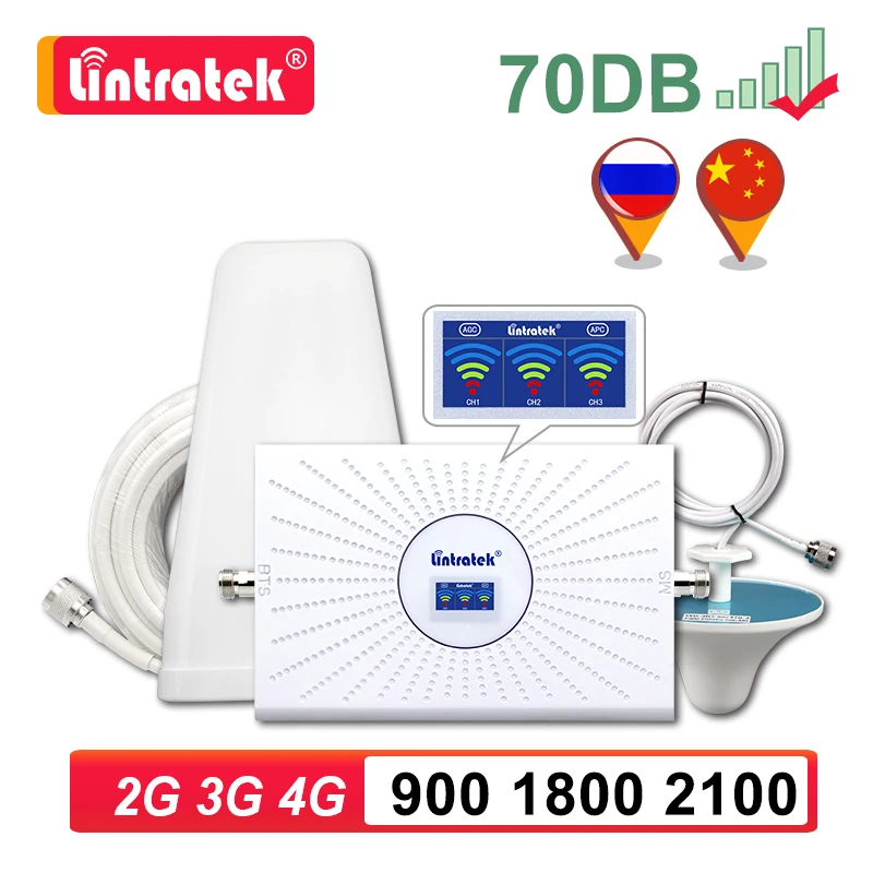 Lintratek AGC Repeater GSM 2G 3G 4G Cellular Amplifier 900 1800 2100 MHZ LTE 800 B20 Mobile Network Signal Booster 70dB Tri Band