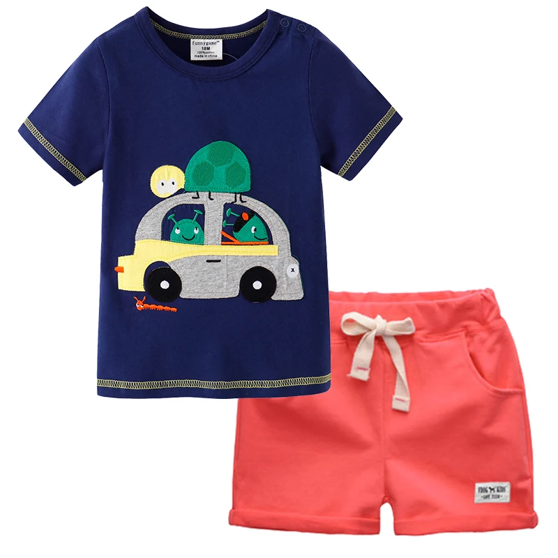 BINIDUCKLING Cartoon Car Design Kids Boys Clothes Set 2PCS Short-Sleeves T-Shirt+Shorts Outfit For Children Boys Clothing