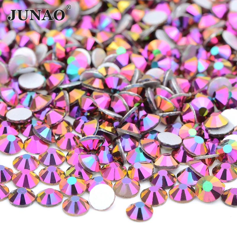 JUNAO-Strass à dos plat en verre or rose arc-en-ciel, cristal à ongles rond, diamant de charbon pour l'artisanat, ss6 ss10 ss16 ss20 ss30