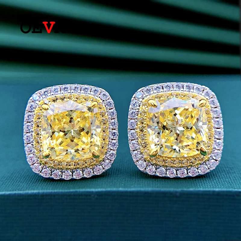 OEVAS 100% 925 Sterling Silver 8*8mm żółty High Carbon diamentowe kolczyki sztyfty dla kobiet musujące mała biżuteria ślubna hurt