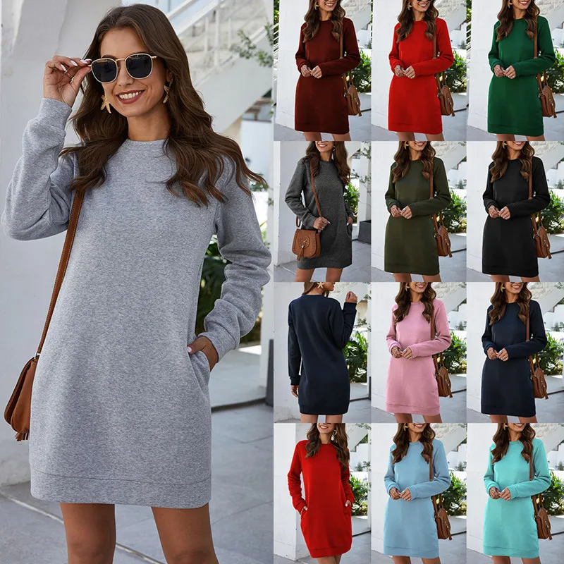 

Autumn Winter O Neck Long Sleeve Women's Sweatshirt Dress 2021 New Fashion Grey Solid Loose Pocket Ladies Mini Dresses Vestidos