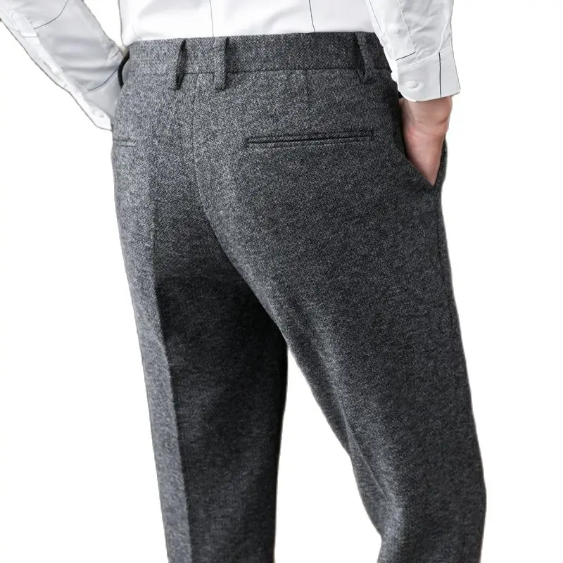 Winter Grey Men's Woolen Trousers, Fashion Business Pants, Khaki Slim Men Pantalon Autumn New Male Slacks