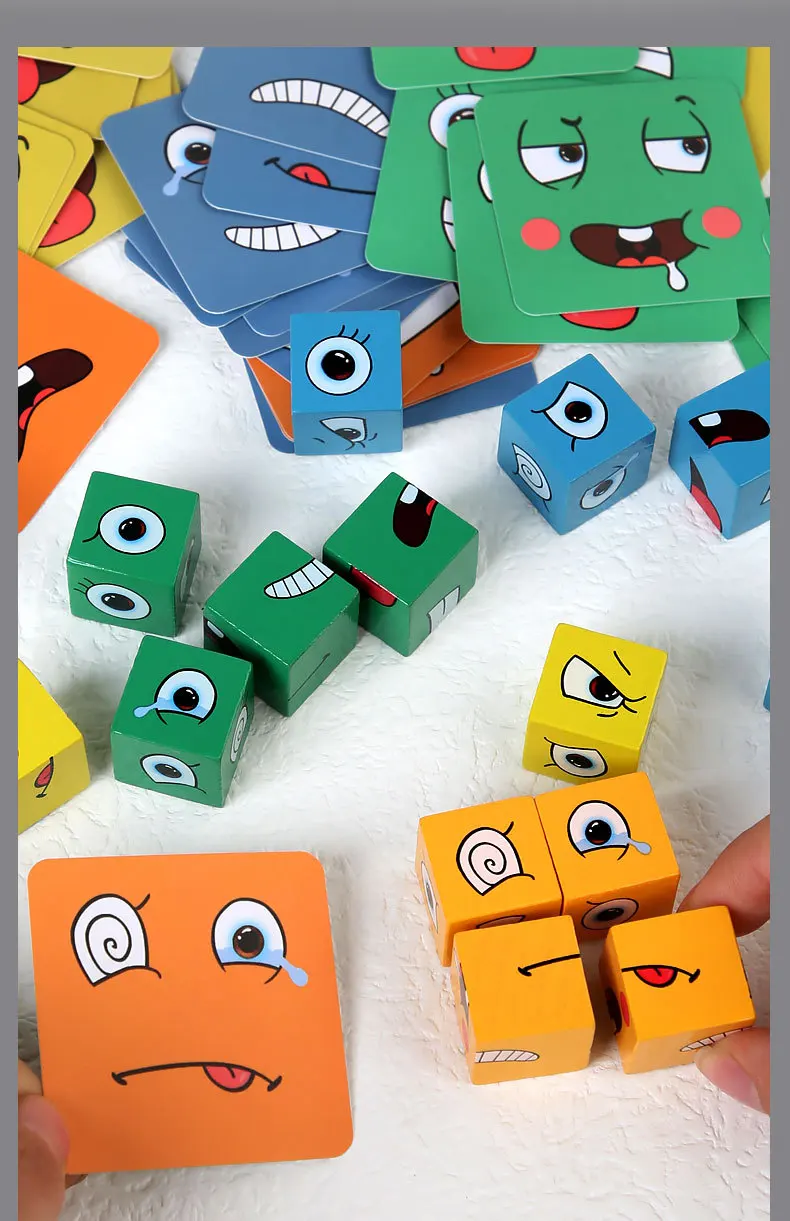 Wooden Face Changing Cube Toys Building Blocks for Cartoon Puzzle Montessori Jigsaw Educational Board Game Family Toys