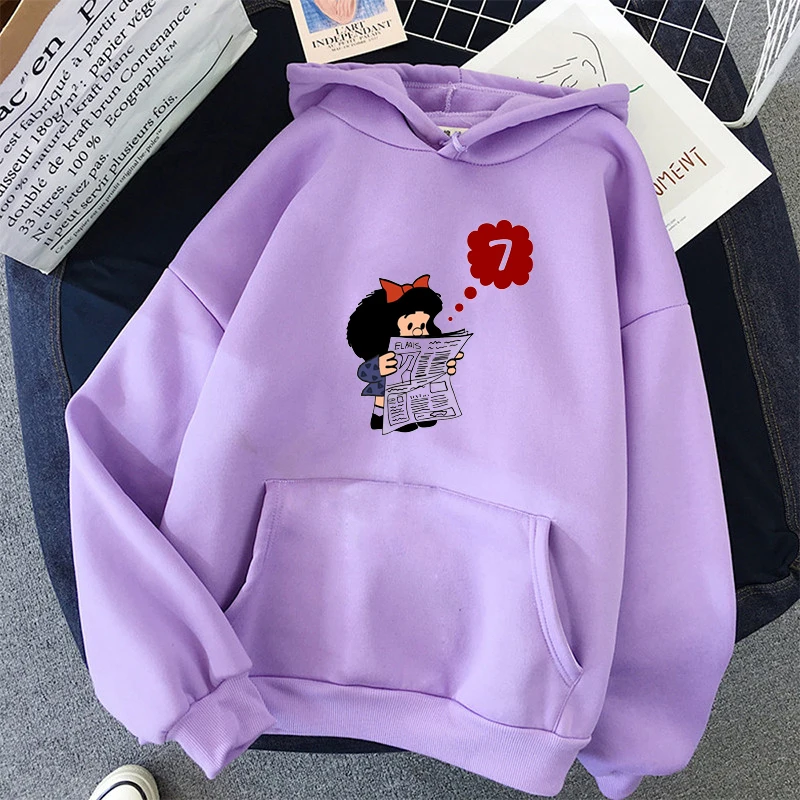 New women blue hoodie cute mafalda cartoon print winter femme sweatshirt tops Harajuku retro camiseta mujer hoodie streetwear