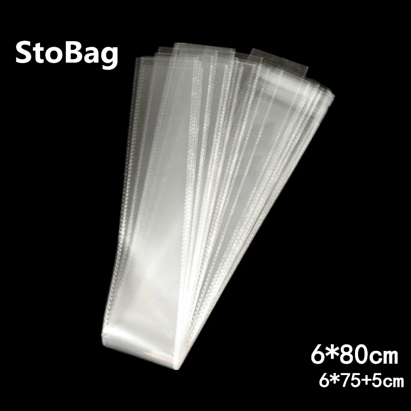 StoBag 200pcs 6*80cm Thick Small Long Size Clear Self Adhesive Bags Plastic Opp Pen Gift Jewelry Packing Hair wig Slender Bag