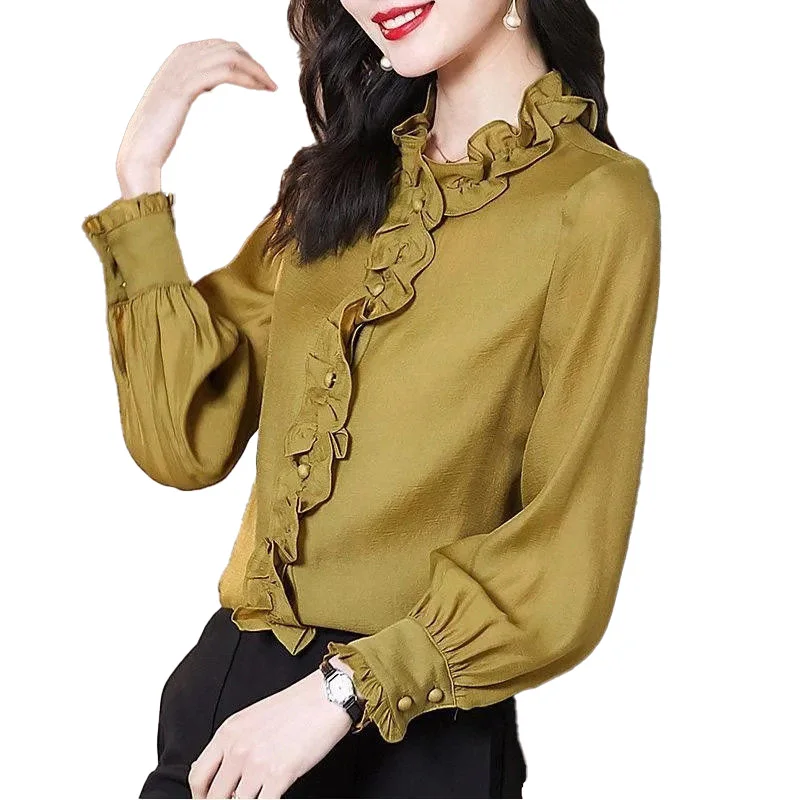 Fashion Woman Blouses 2024 Spring Autumn Long Sleeve Ruffles Shirts Office Lady Solid Color Button Casual Shirt Women\'s Clothing