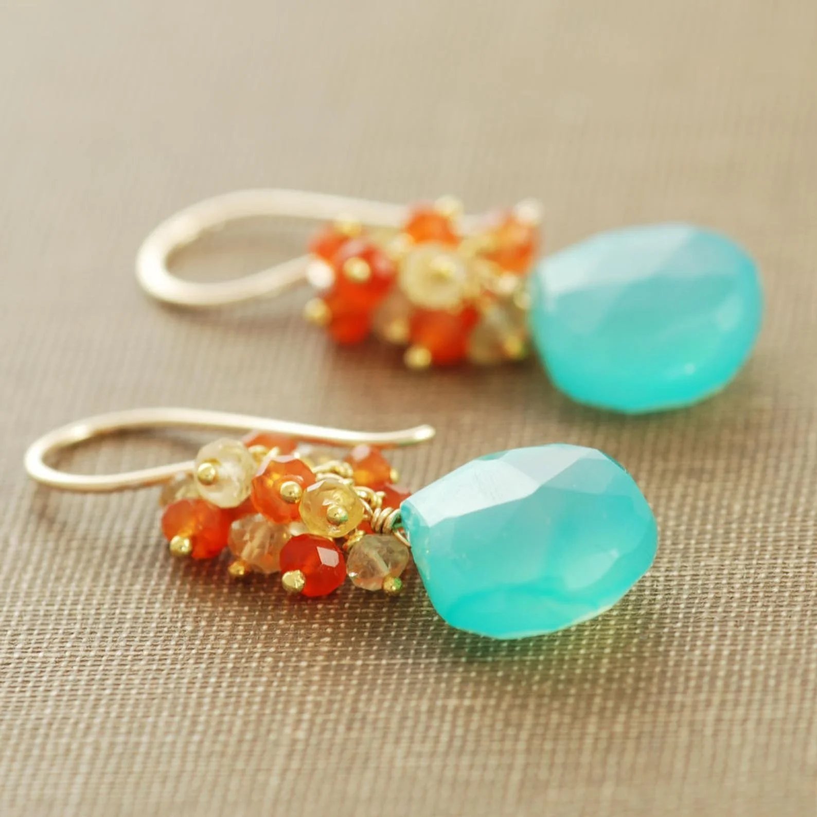 Beach Earrings, 14k Gold Gemstone Dangle Earrings, Aqua Orange Citrine Carnelian Earrings, aubepine