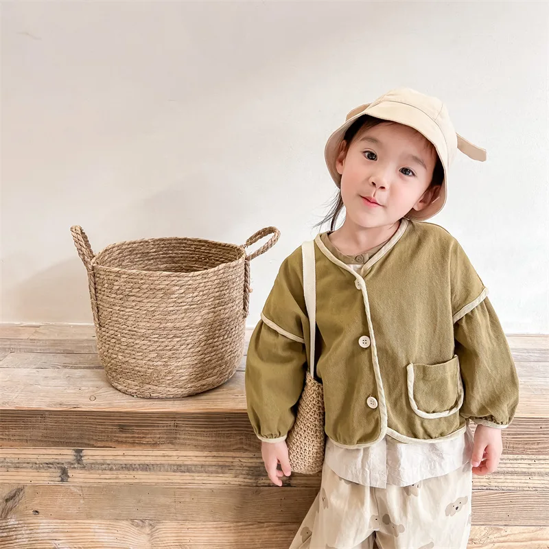 MILANCEL 2022 Spring New Kids Coat Girls Long Sleeve Solid Cardigan Boys Washed Cotton Outfit