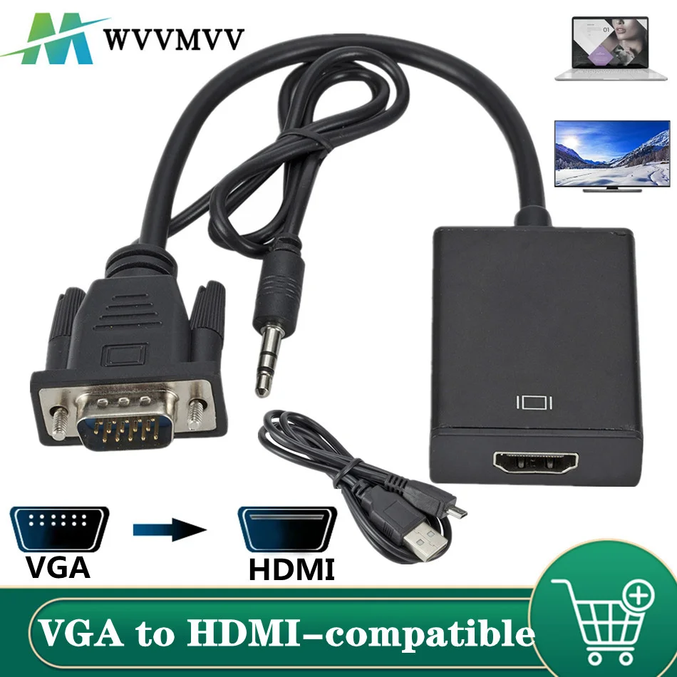 Câble adaptateur de convertisseur compatible Full HD 1080P VGA vers HDMI avec sortie Audio adaptateur VGA HD pour PC portable vers projecteur HDTV