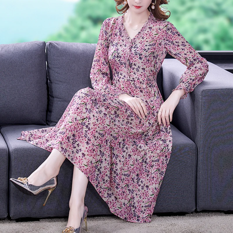 Women Pink Floral Natural Silk Midi Dresses Autumn Korean Fashion Chiffon Dress 2024 Spring New Elegant Bodycon Party Vestidos