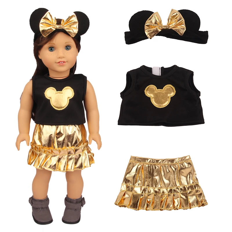 18 Inch American  Doll Mouse Dress Suit Cute Animal T-shirt+Skirt+Hair band Clothes Set For 43cm Reborn OG Russia Girl Dolls Toy