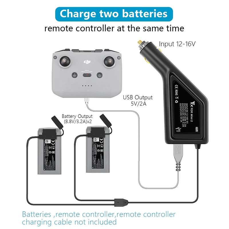 For DJI Mavic Mini 2 Drone Battery Remote Control Multi-function Dual Electric Car Charger USB Port Power Adapter Accessories