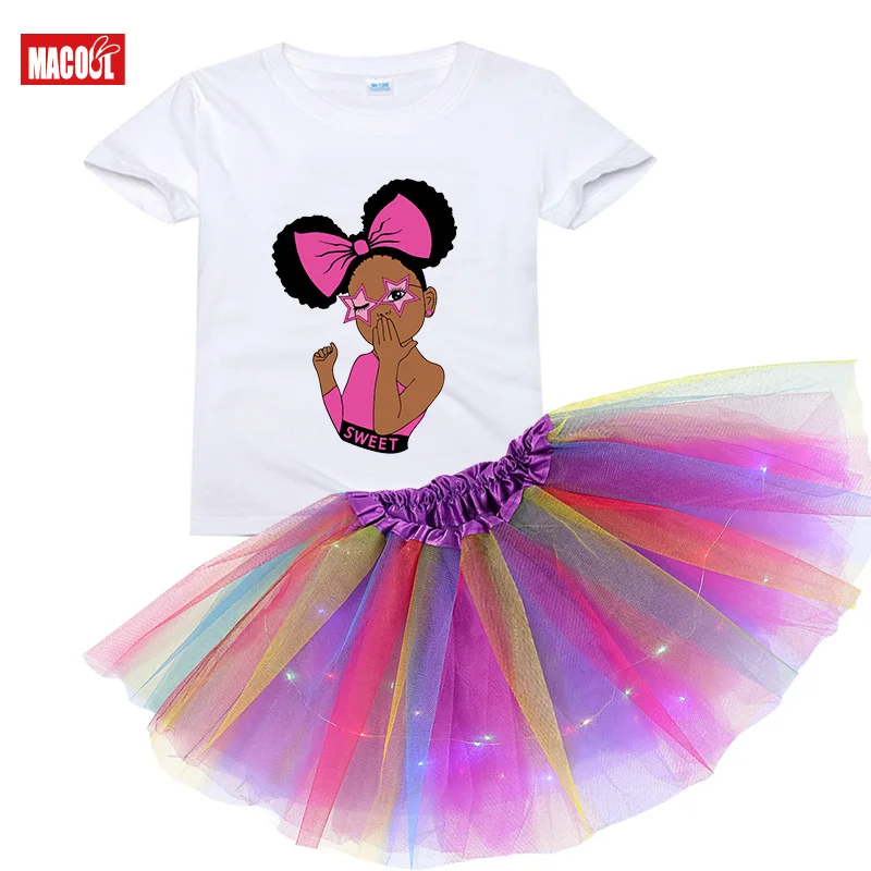 Kids Girls Dress Party Casual Dress Black African Curly Hair Girl Short Sleeve Printed Cartoon T-shirt+Skirt Christmas present